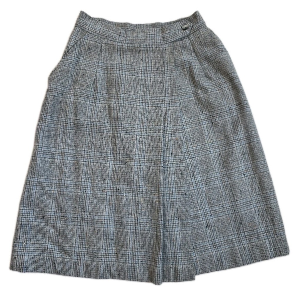 Vtg 70s Sears Wool Blend Glen Plaid Faux Wrap Midi Skirt Pockets Japan Sz M